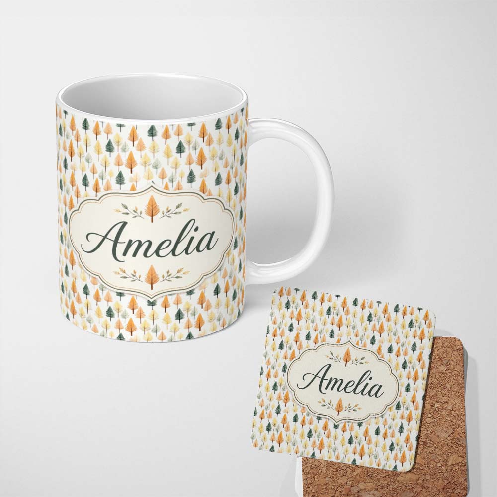 Personalized Custom Name Autumn Leaves in Soft Pastel Tones Seamless Pattern Name Cute 11oz Ceramic Coffee Tea Mug White Large Handle