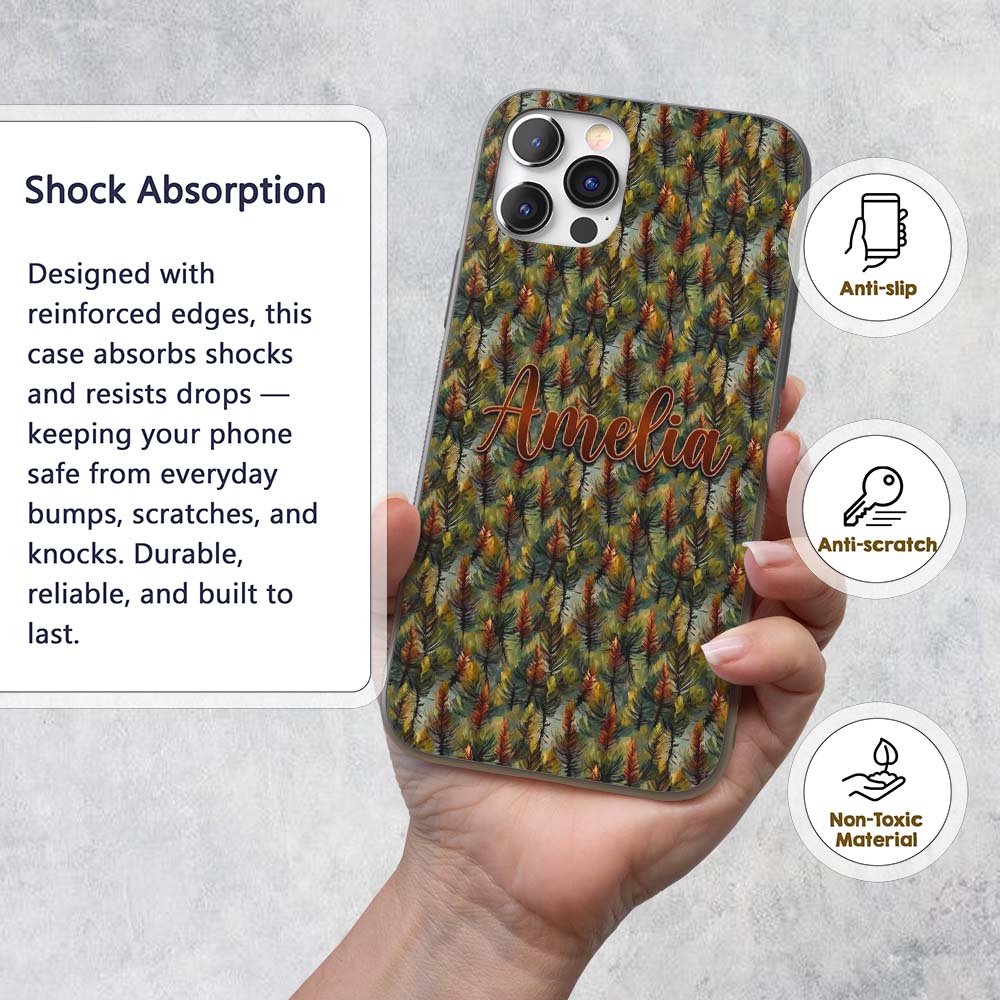 Painterly Pine Leaves with Rich Texture Seamless Custom Name Protective Phone Case Mobile Cover Durable Everyday Smartphone Shock Resistant