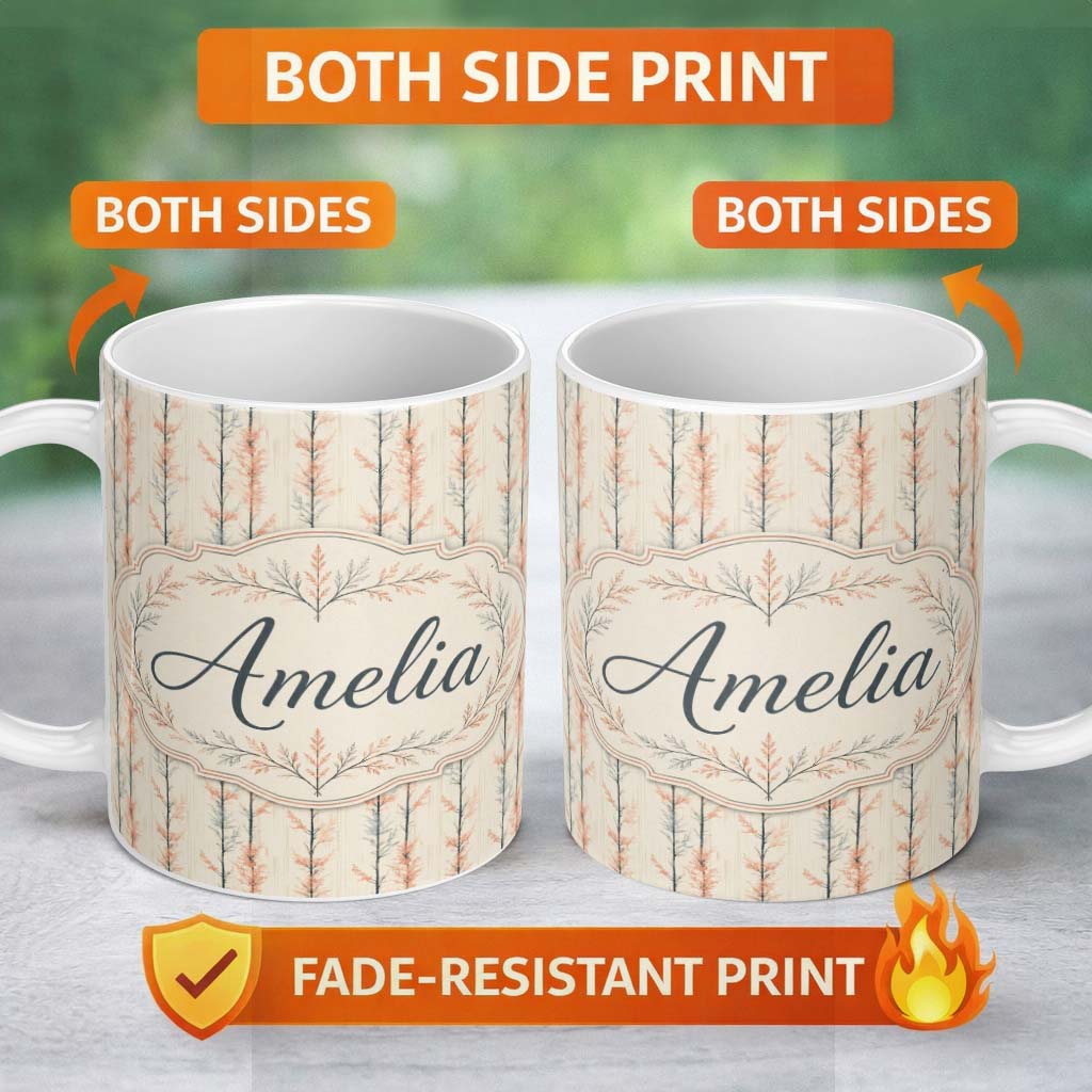 Personalized Custom Name Delicate Bare Trees with Blush Foliage Seamless Pattern Name Cute 11oz Ceramic Coffee Tea Mug White Large Handle