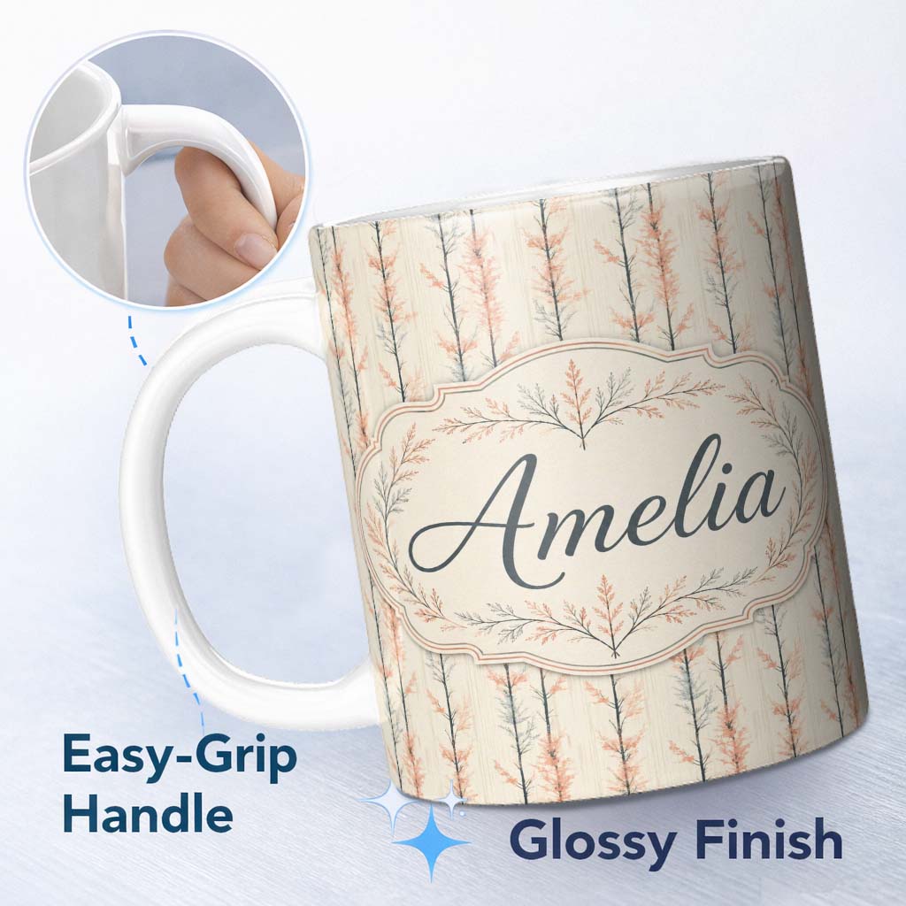 Personalized Custom Name Delicate Bare Trees with Blush Foliage Seamless Pattern Name Cute 11oz Ceramic Coffee Tea Mug White Large Handle