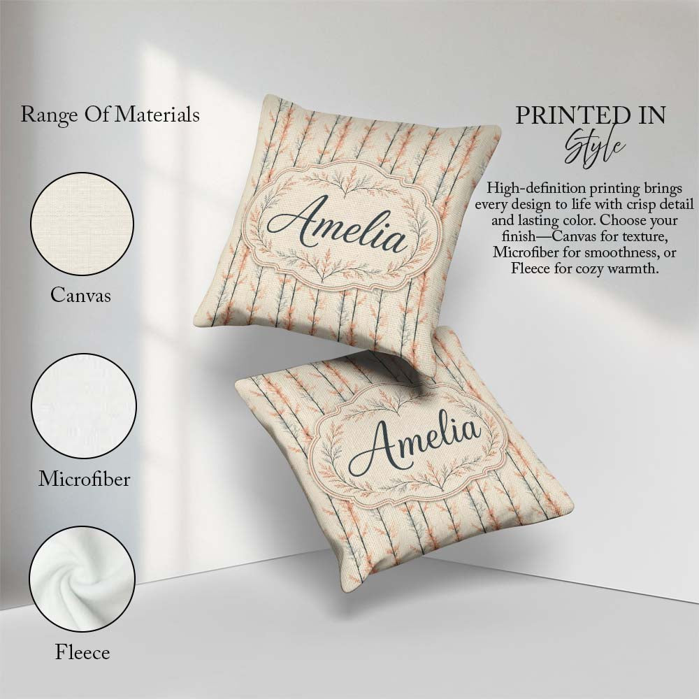 Custom Name Delicate Bare Trees with Blush Foliage Seamless Name Square Filled Cushion Throw Pillow Sofa Bed Home Decor Zip Washable UK Made