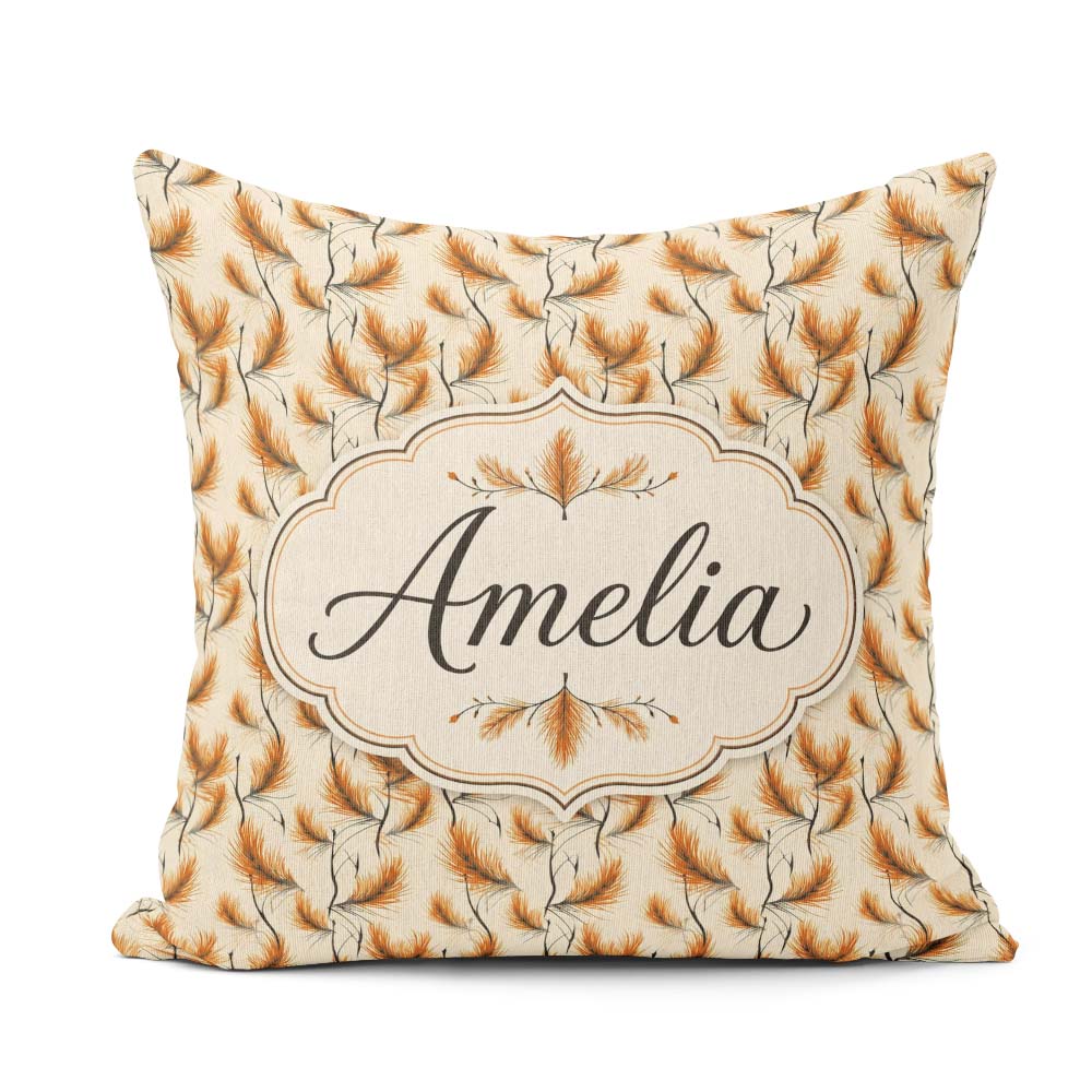 Custom Name Elegant Orange Needles and Branches Seamless Pattern Square Filled Cushion Throw Pillow Sofa Bed Home Decor Zip Washable UK Made