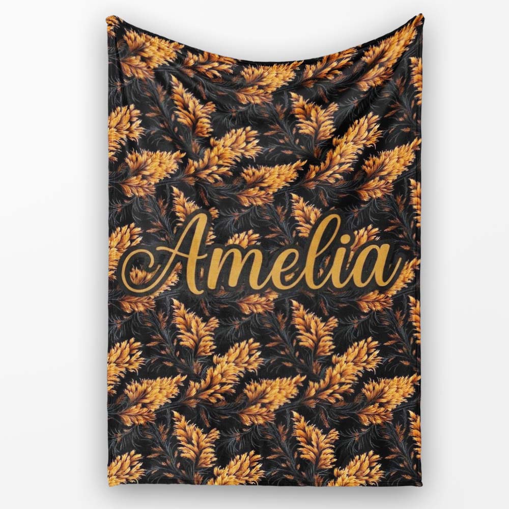 Luxurious Golden Foliage on Black Background Seamless Pattern Name Personalised Custom Name Super Soft Fleece Blanket Bed Sofa Throw