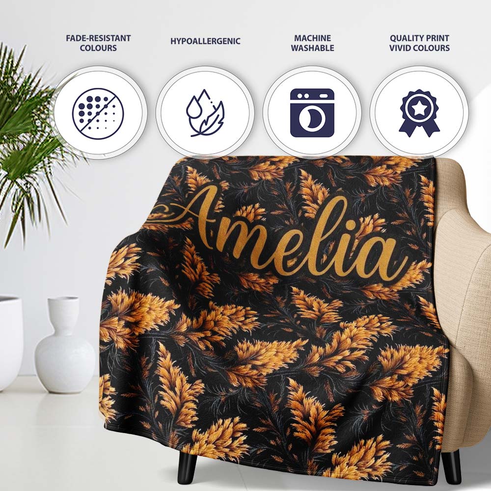 Luxurious Golden Foliage on Black Background Seamless Pattern Name Personalised Custom Name Super Soft Fleece Blanket Bed Sofa Throw