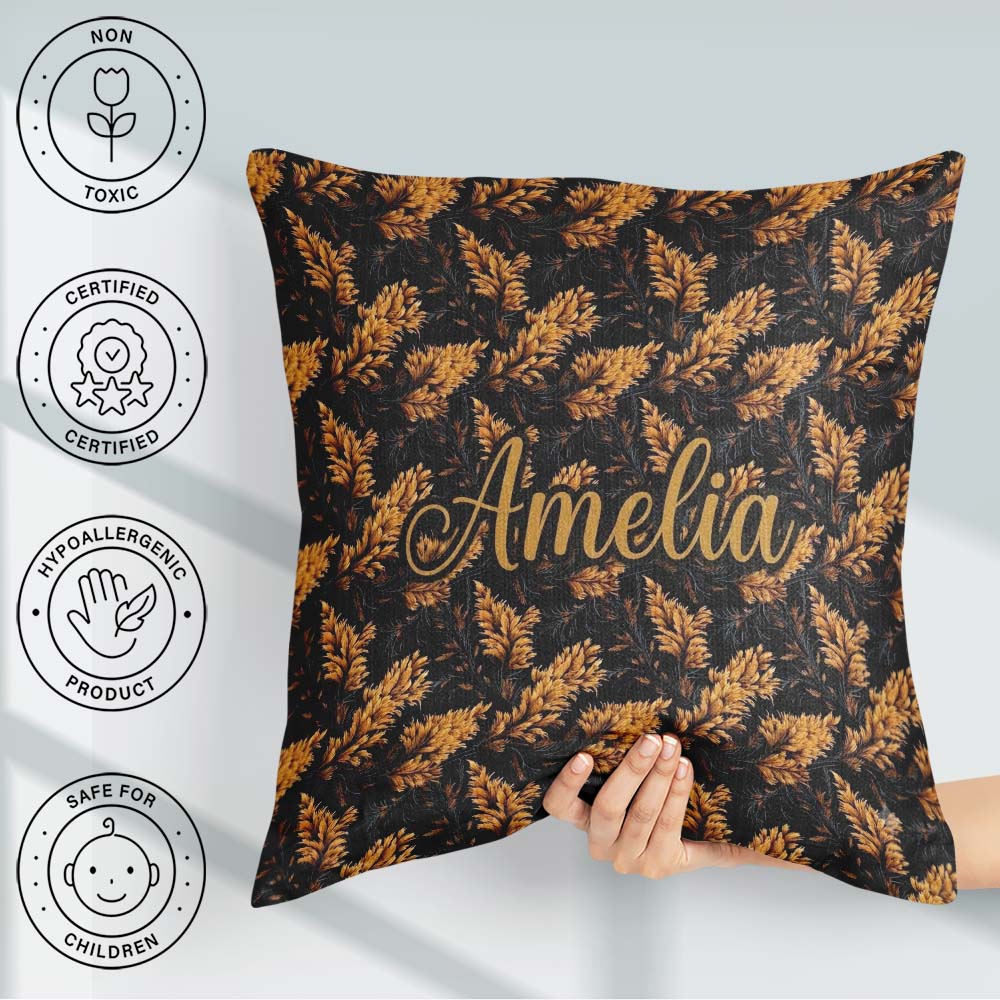 Custom Name Luxurious Golden Foliage on Black Background Pattern Square Filled Cushion Throw Pillow Sofa Bed Home Decor Zip Washable UK Made