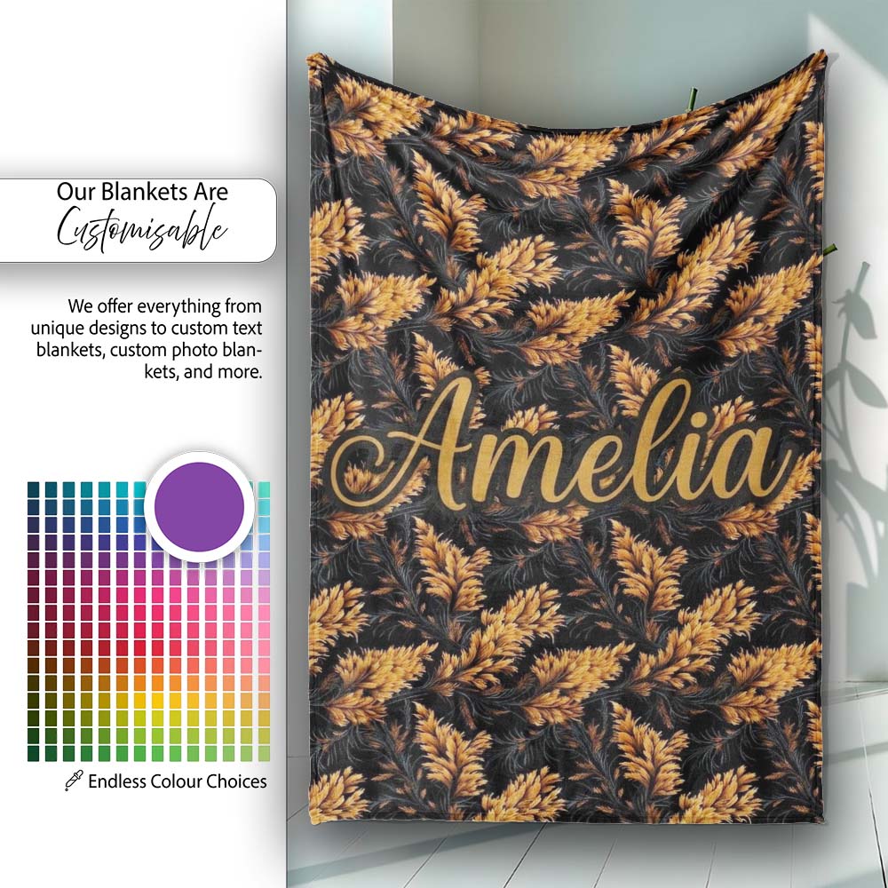 Luxurious Golden Foliage on Black Background Seamless Pattern Name Personalised Custom Name Super Soft Fleece Blanket Bed Sofa Throw