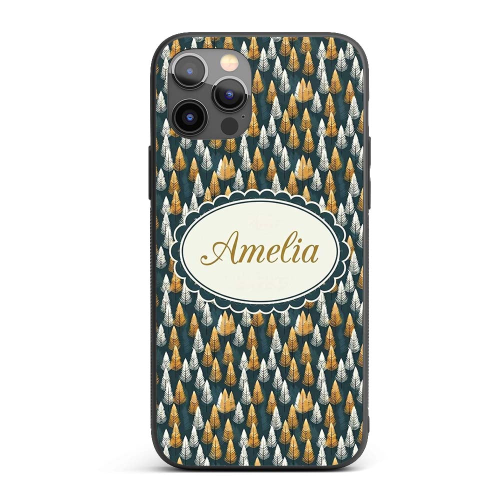 Scandinavian Leaf Pattern in Mustard White and Custom Name Protective Phone Case Mobile Cover Durable Everyday Smartphone Shock Resistant