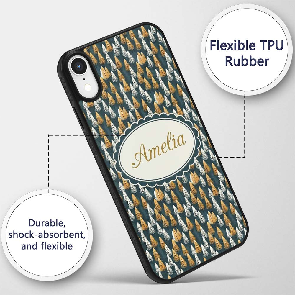 Scandinavian Leaf Pattern in Mustard White and Custom Name Protective Phone Case Mobile Cover Durable Everyday Smartphone Shock Resistant