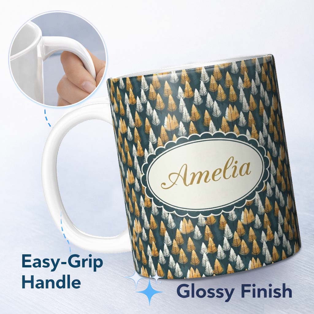 Personalized Custom Name Scandinavian Leaf Pattern in Mustard White and Blue Seamless Name 11oz Ceramic Coffee Tea Mug White Large Handle