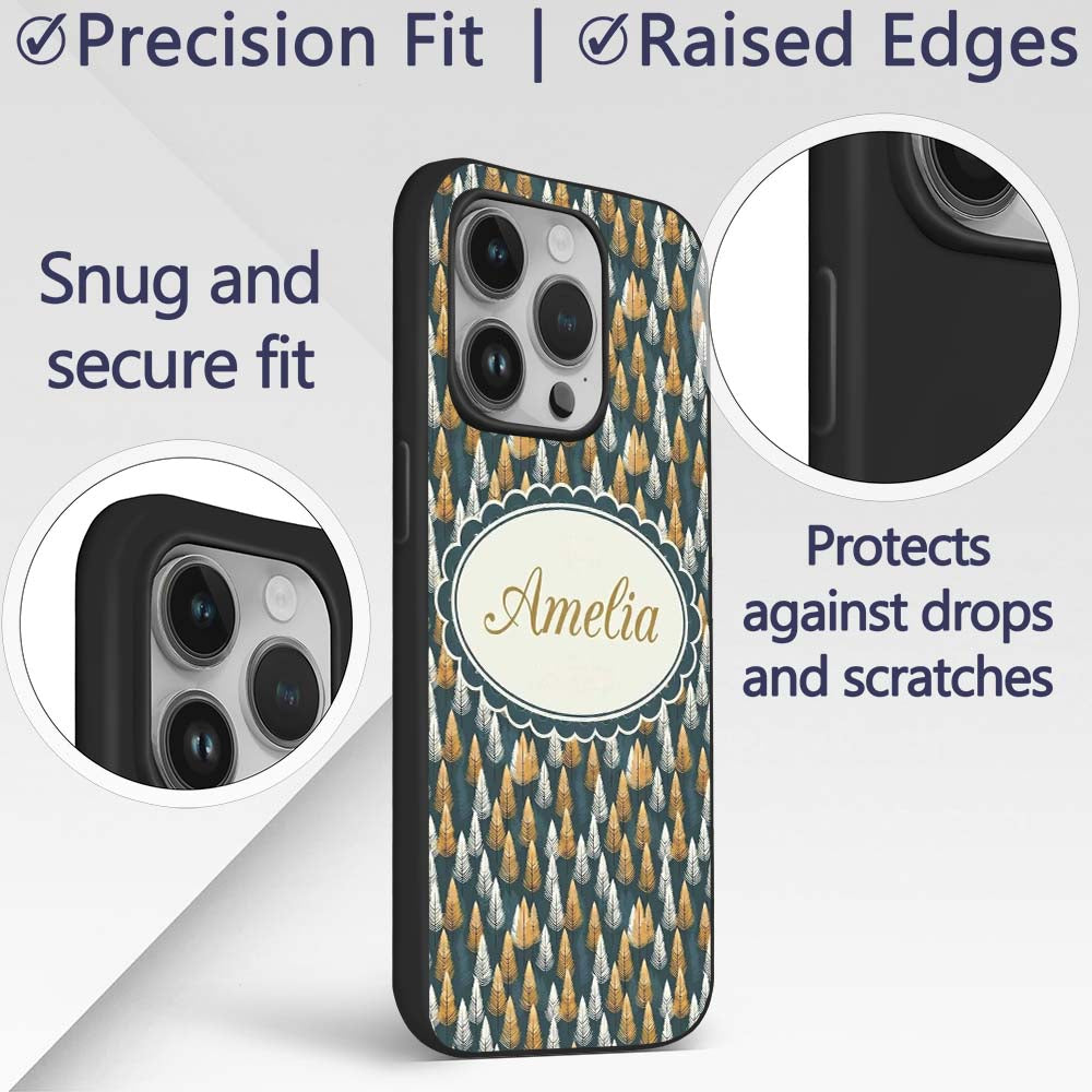 Scandinavian Leaf Pattern in Mustard White and Custom Name Protective Phone Case Mobile Cover Durable Everyday Smartphone Shock Resistant