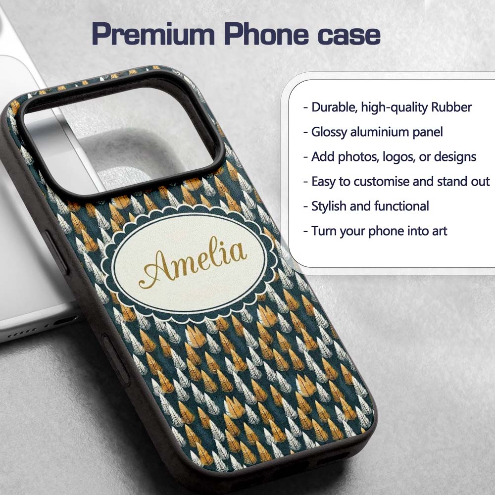 Scandinavian Leaf Pattern in Mustard White and Custom Name Protective Phone Case Mobile Cover Durable Everyday Smartphone Shock Resistant
