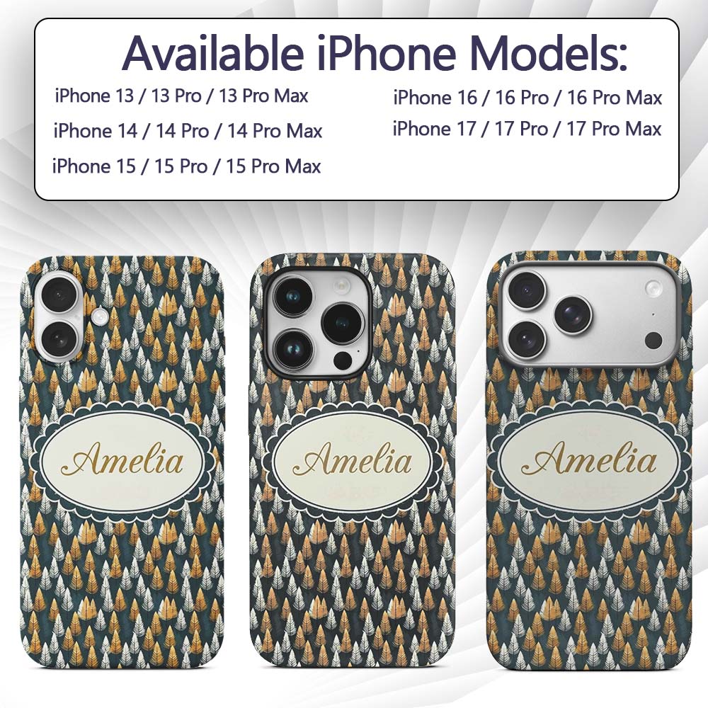 Scandinavian Leaf Pattern in Mustard White and Custom Name Protective Phone Case Mobile Cover Durable Everyday Smartphone Shock Resistant