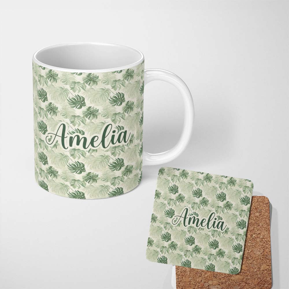 Personalized Custom Name Muted Tropical Monstera Leaves on Light Background Seamless Name 11oz Ceramic Coffee Tea Mug White Large Handle