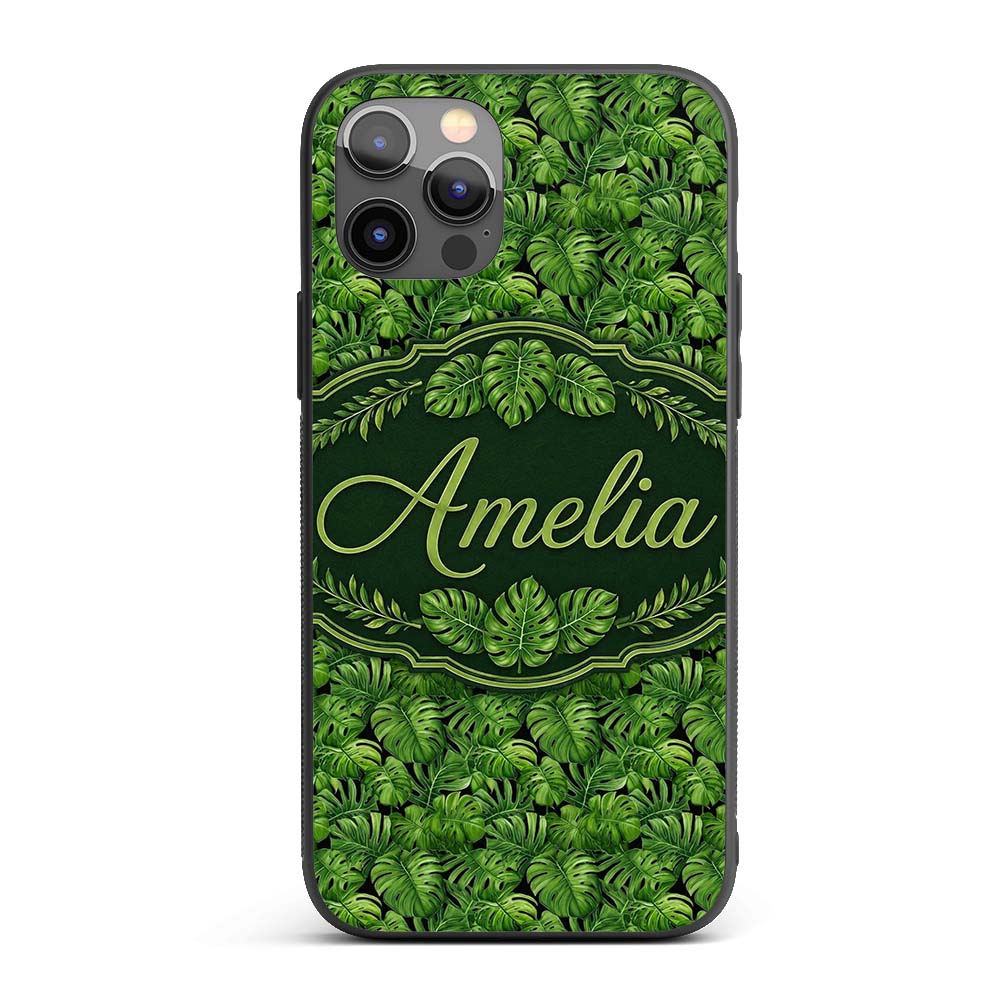 Vibrant Green Monstera Leaves Jungle Seamless Custom Name Protective Phone Case Mobile Cover Durable Everyday Smartphone Shock Resistant