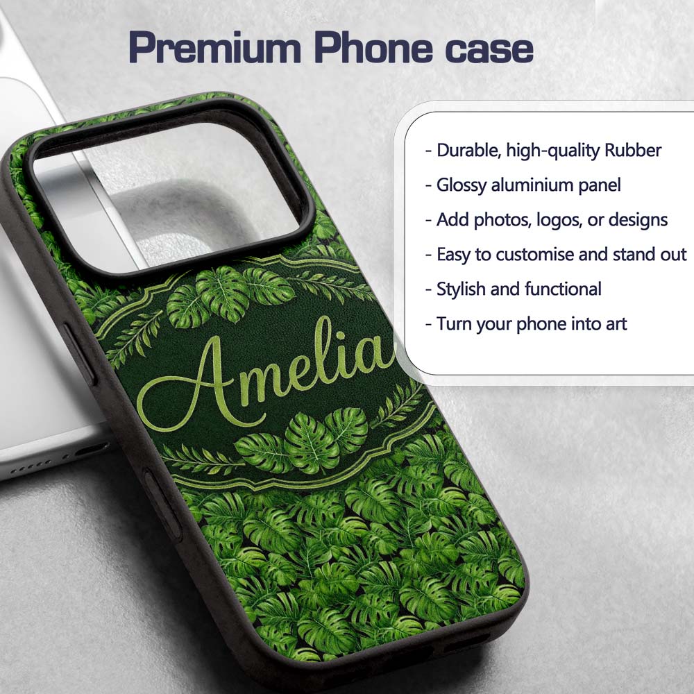 Vibrant Green Monstera Leaves Jungle Seamless Custom Name Protective Phone Case Mobile Cover Durable Everyday Smartphone Shock Resistant