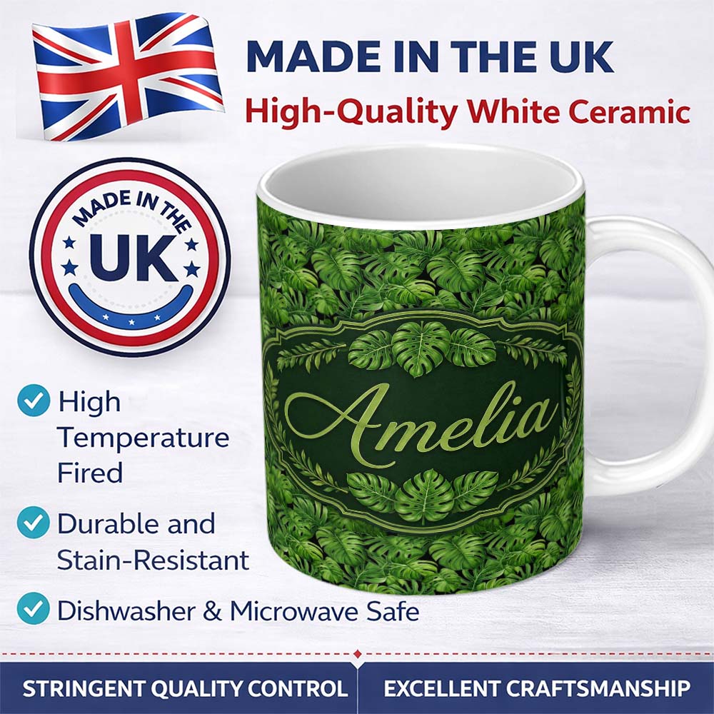 Personalized Custom Name Vibrant Green Monstera Leaves Jungle Seamless Pattern Name Cute 11oz Ceramic Coffee Tea Mug White Large Handle