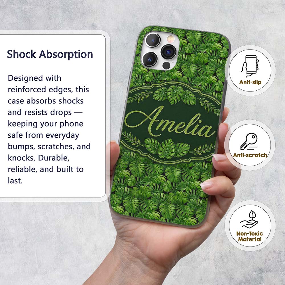 Vibrant Green Monstera Leaves Jungle Seamless Custom Name Protective Phone Case Mobile Cover Durable Everyday Smartphone Shock Resistant