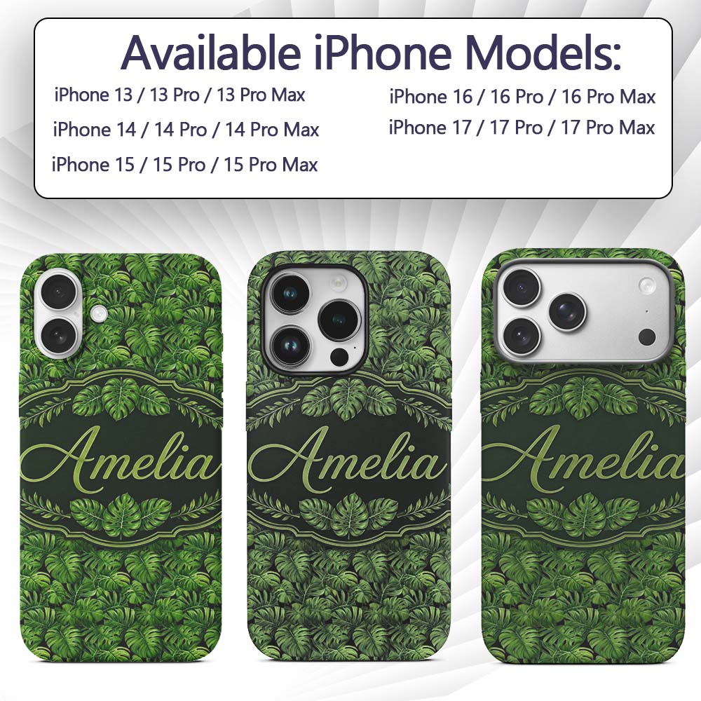 Vibrant Green Monstera Leaves Jungle Seamless Custom Name Protective Phone Case Mobile Cover Durable Everyday Smartphone Shock Resistant