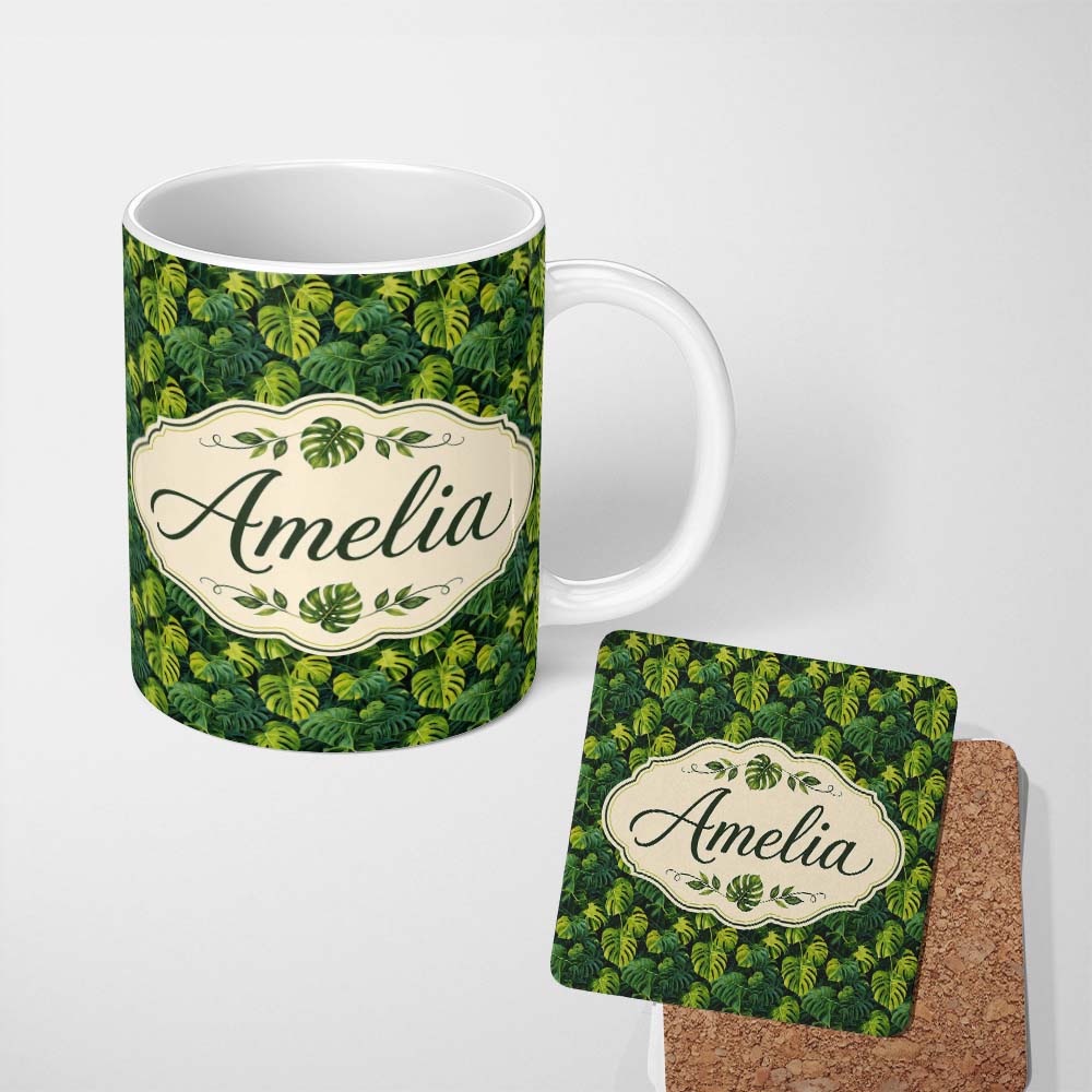 Personalized Custom Name Lush Tropical Monstera Leaves on Dark Background Seamless Custom 11oz Ceramic Coffee Tea Mug White Large Handle