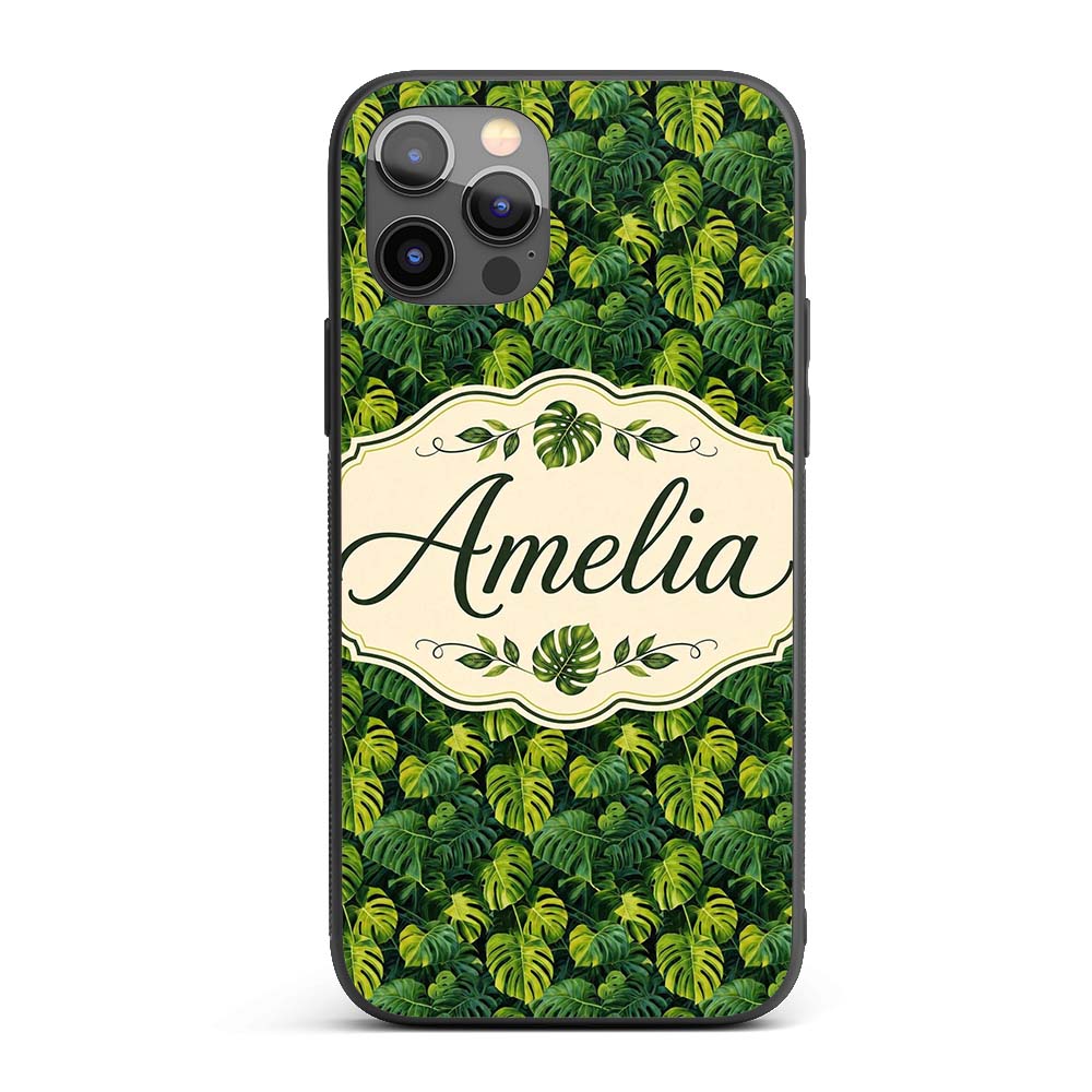 Lush Tropical Monstera Leaves on Dark Background Custom Name Protective Phone Case Mobile Cover Durable Everyday Smartphone Shock Resistant