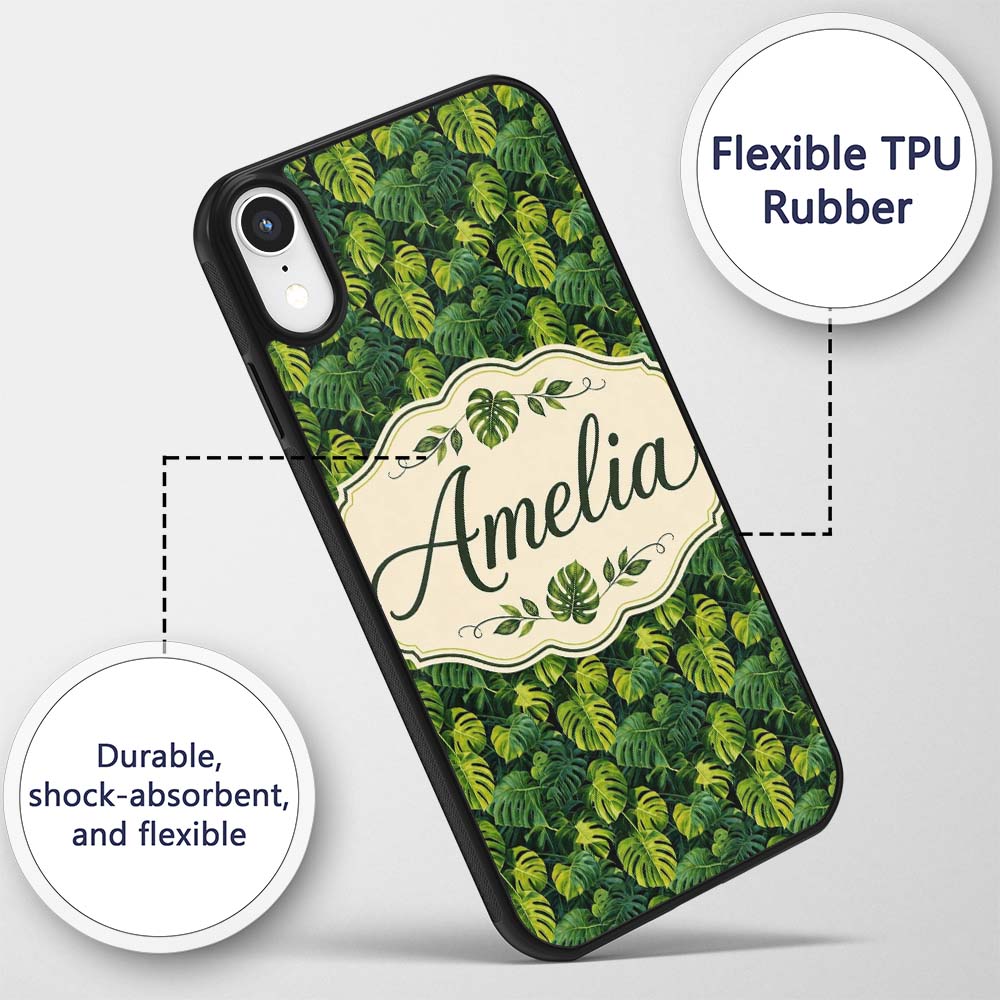 Lush Tropical Monstera Leaves on Dark Background Custom Name Protective Phone Case Mobile Cover Durable Everyday Smartphone Shock Resistant