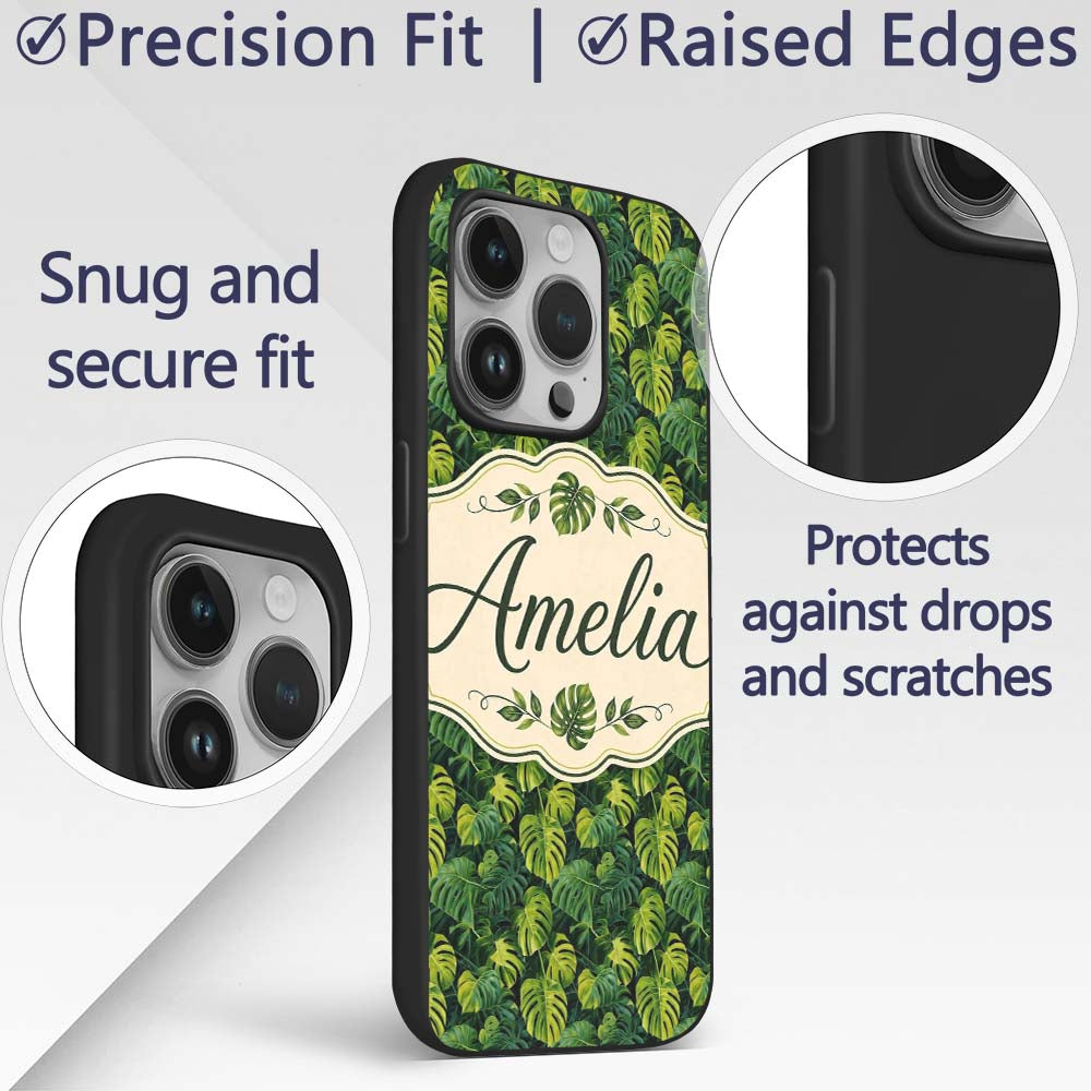 Lush Tropical Monstera Leaves on Dark Background Custom Name Protective Phone Case Mobile Cover Durable Everyday Smartphone Shock Resistant