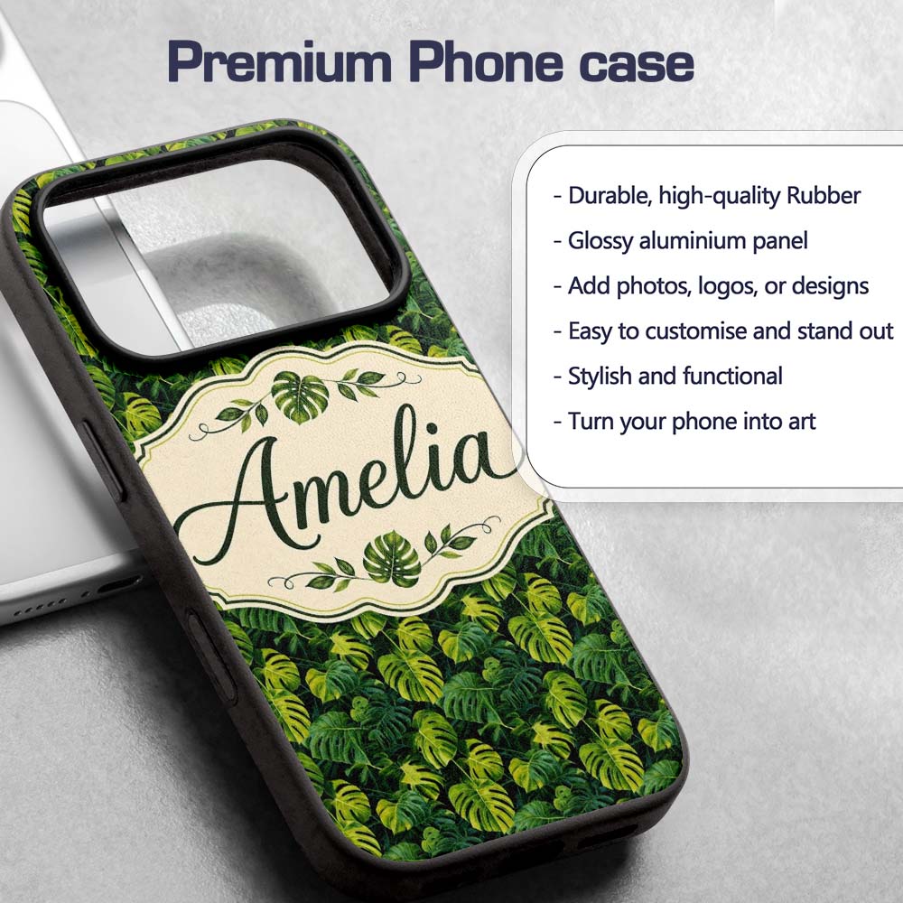 Lush Tropical Monstera Leaves on Dark Background Custom Name Protective Phone Case Mobile Cover Durable Everyday Smartphone Shock Resistant