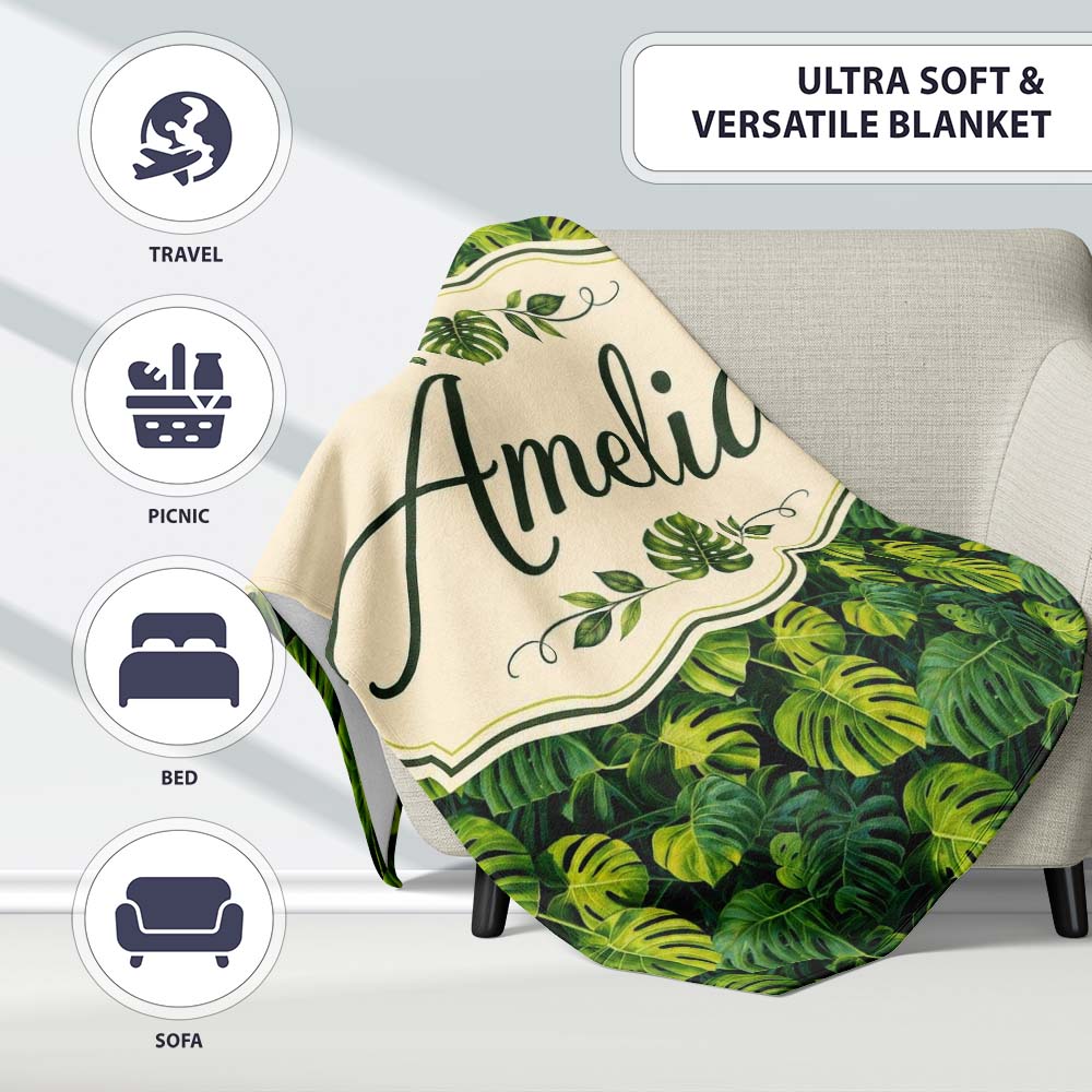 Lush Tropical Monstera Leaves on Dark Background Seamless Custom Personalised Custom Name Super Soft Fleece Blanket Bed Sofa Throw