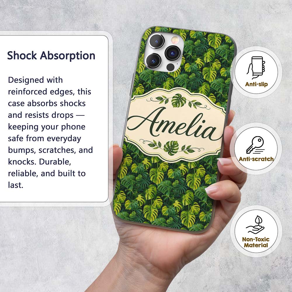 Lush Tropical Monstera Leaves on Dark Background Custom Name Protective Phone Case Mobile Cover Durable Everyday Smartphone Shock Resistant