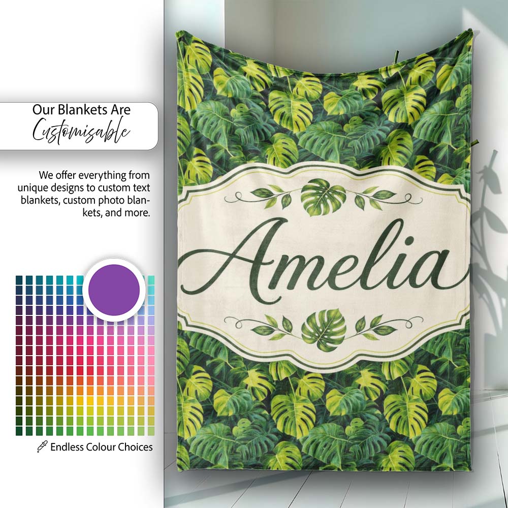 Lush Tropical Monstera Leaves on Dark Background Seamless Custom Personalised Custom Name Super Soft Fleece Blanket Bed Sofa Throw
