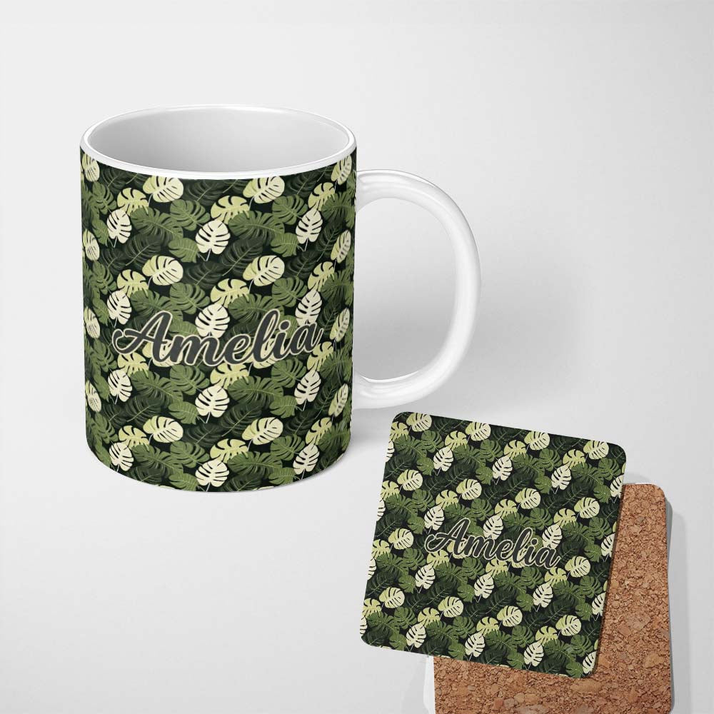 Personalized Custom Name Stylized Monstera Leaf Pattern in Green Tones Seamless Name Cute 11oz Ceramic Coffee Tea Mug White Large Handle