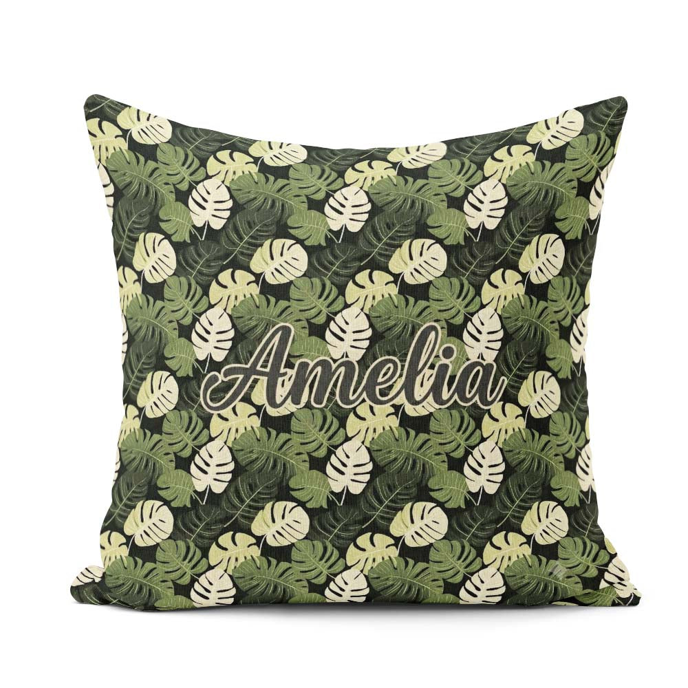 Custom Name Stylized Monstera Leaf in Green Tones Seamless Name Square Filled Cushion Throw Pillow Sofa Bed Home Decor Zip Washable UK Made