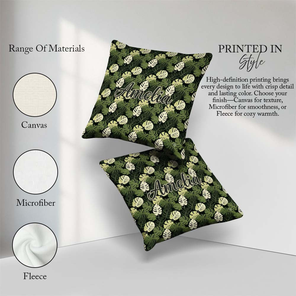 Custom Name Stylized Monstera Leaf in Green Tones Seamless Name Square Filled Cushion Throw Pillow Sofa Bed Home Decor Zip Washable UK Made