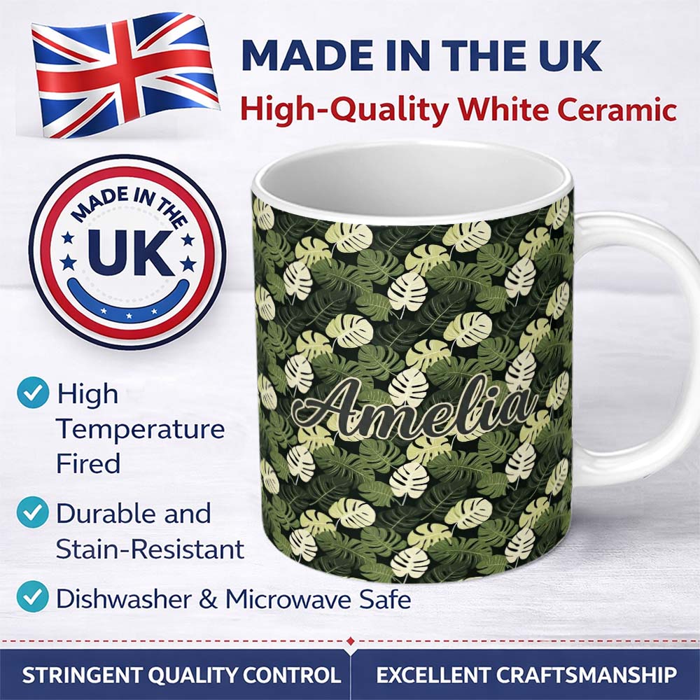 Personalized Custom Name Stylized Monstera Leaf Pattern in Green Tones Seamless Name Cute 11oz Ceramic Coffee Tea Mug White Large Handle