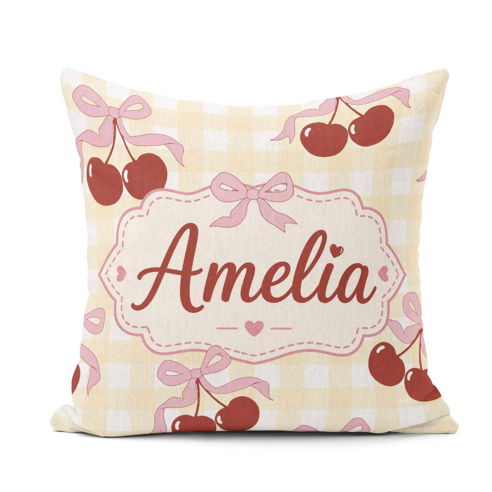 Custom Name Cherry Bow Ribbon Cute Yellow Gingham Check Seamless Square Filled Cushion Throw Pillow Sofa Bed Home Decor Zip Washable UK Made