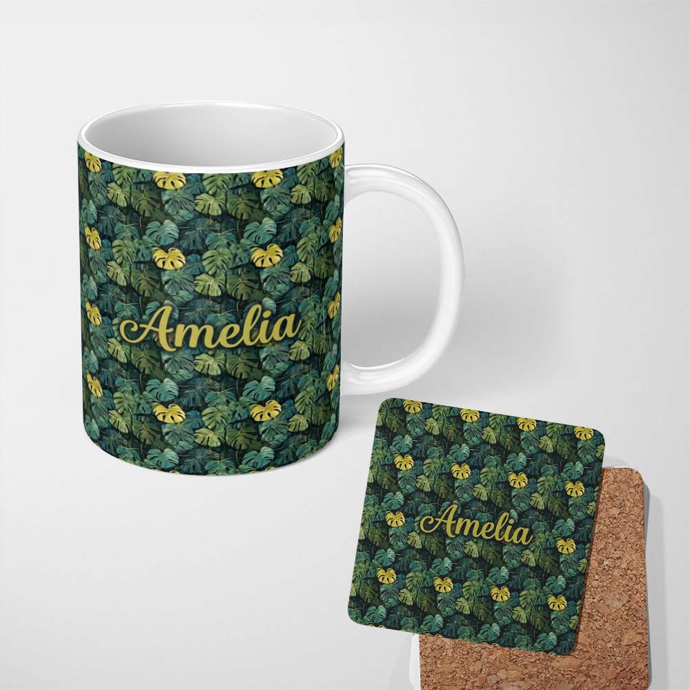 Personalized Custom Name Dense Tropical Monstera Leaves in Deep Green Tones Seamless Pattern 11oz Ceramic Coffee Tea Mug White Large Handle