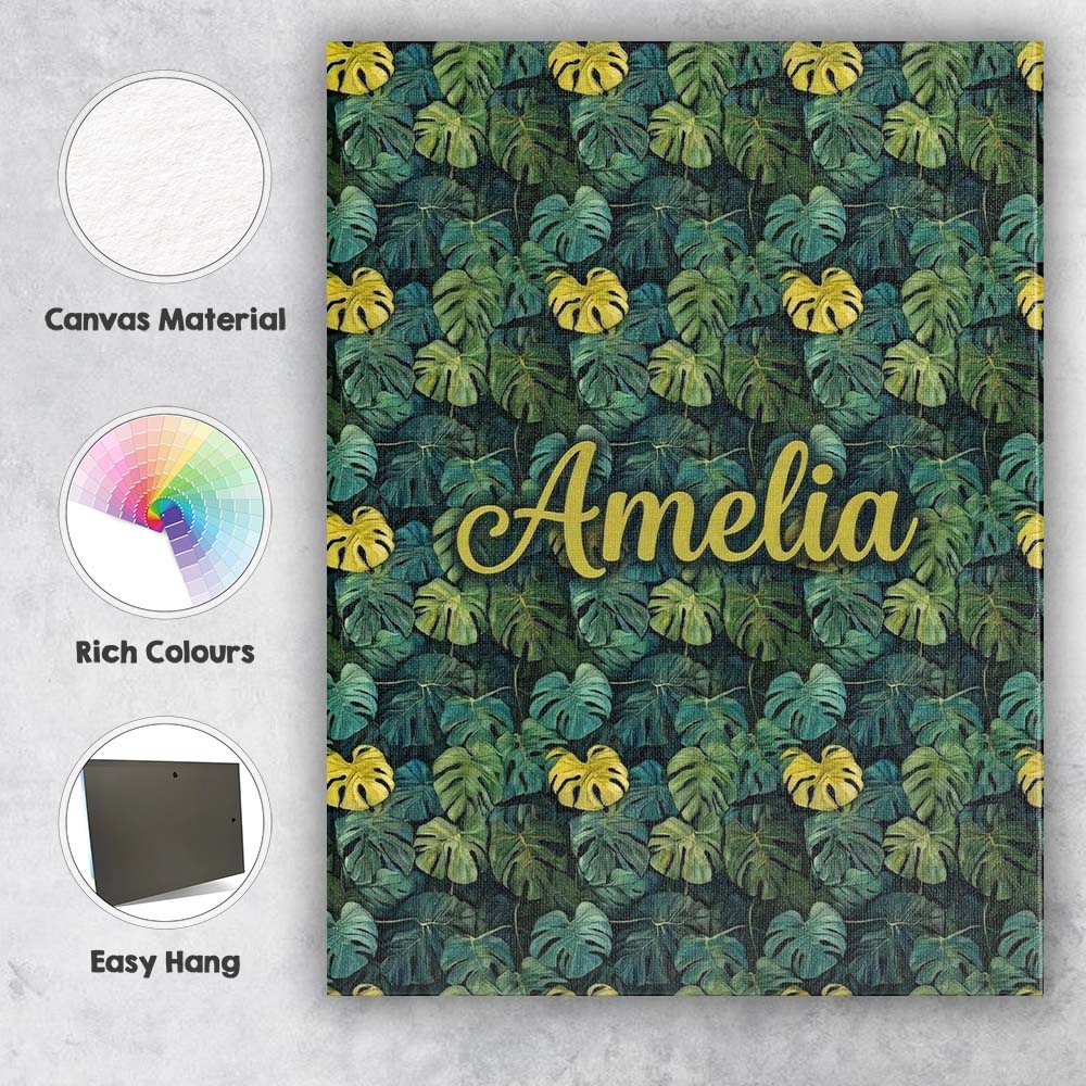Personalised Name Dense Tropical Monstera Custom Unique Gift Idea Elegant Feature Canvas Wall Art Print Decor Picture Ready to Hang