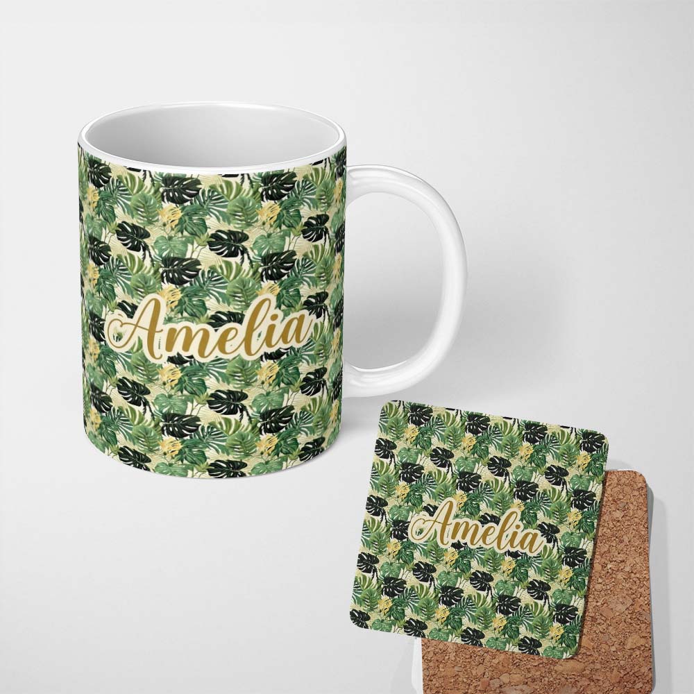 Personalized Custom Name Lush Botanical Monstera and Palm Leaves on Light Background 11oz Ceramic Coffee Tea Mug White Large Handle