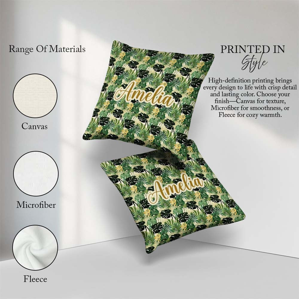 Custom Name Lush Botanical Monstera and Palm on Light Background Square Filled Cushion Throw Pillow Sofa Bed Home Decor Zip Washable UK Made