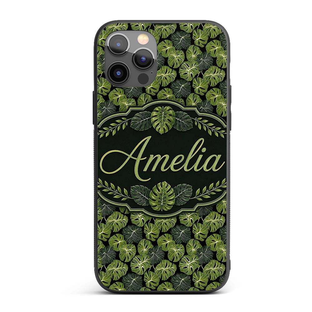 Stylized Monstera Leaf Pattern on Dark Background Custom Name Protective Phone Case Mobile Cover Durable Everyday Smartphone Shock Resistant