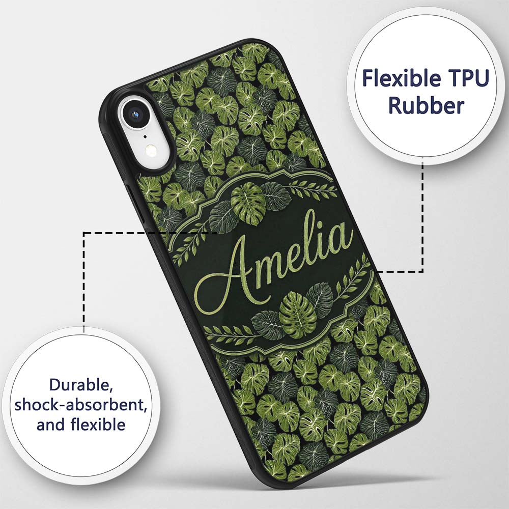 Stylized Monstera Leaf Pattern on Dark Background Custom Name Protective Phone Case Mobile Cover Durable Everyday Smartphone Shock Resistant