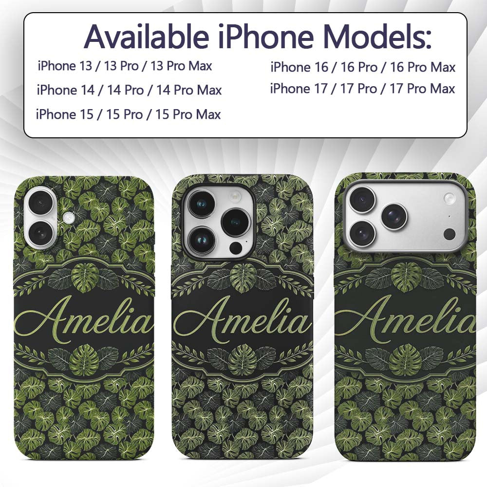 Stylized Monstera Leaf Pattern on Dark Background Custom Name Protective Phone Case Mobile Cover Durable Everyday Smartphone Shock Resistant