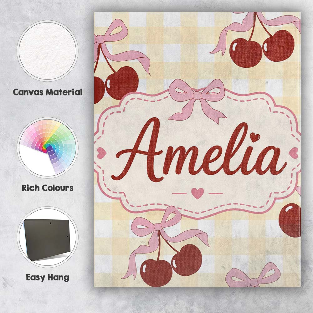 Personalised Name Cherry Bow Ribbon Cute Yellow Gingham Picnic Check Custom Home Canvas Wall Art Print Decor Picture Ready to Hang