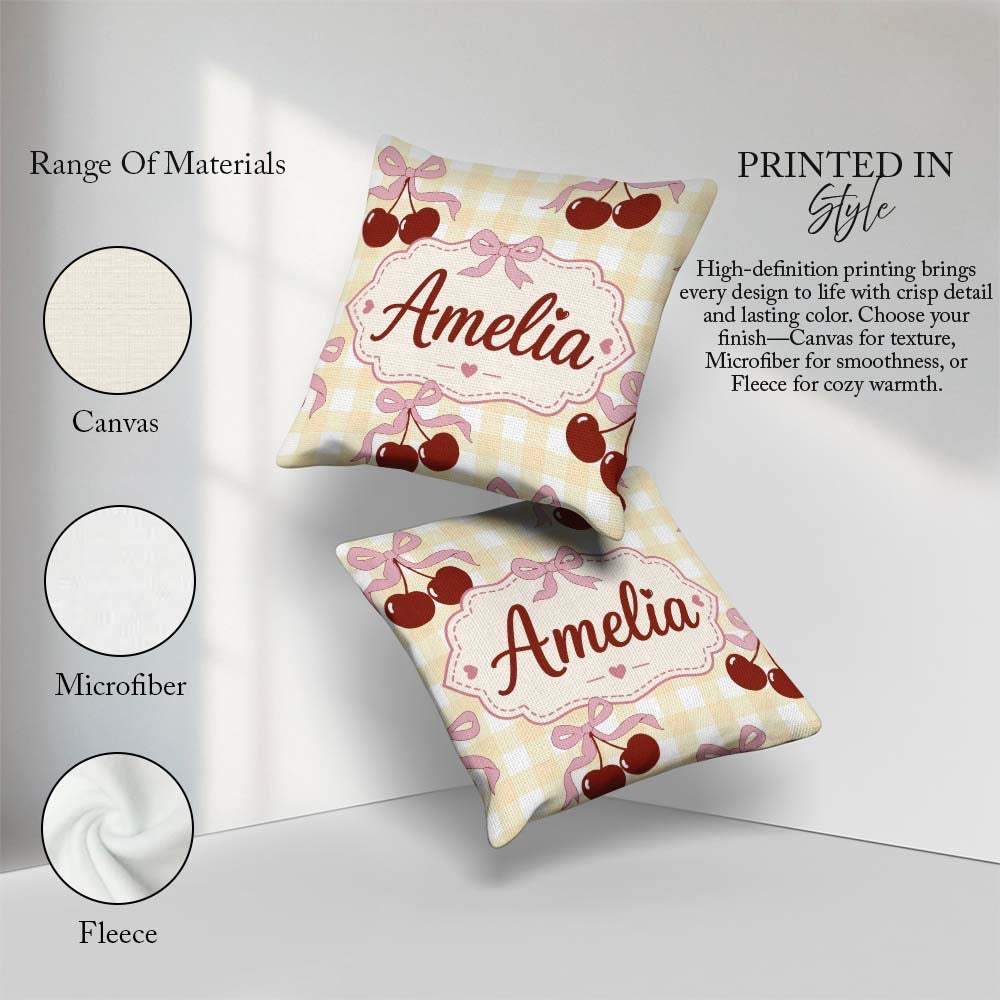 Custom Name Cherry Bow Ribbon Cute Yellow Gingham Check Seamless Square Filled Cushion Throw Pillow Sofa Bed Home Decor Zip Washable UK Made