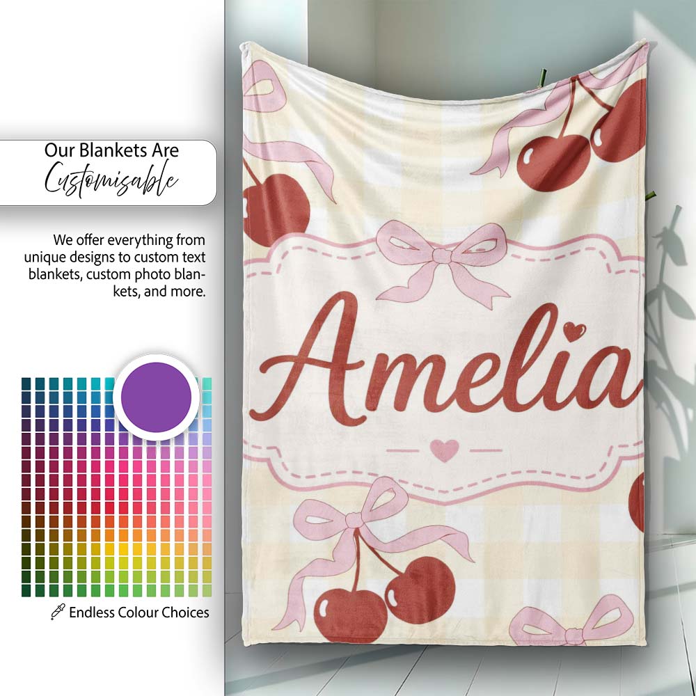 Cherry Bow Ribbon Cute Yellow Gingham Picnic Check Seamless Pattern Personalised Custom Name Super Soft Fleece Blanket Bed Sofa Throw