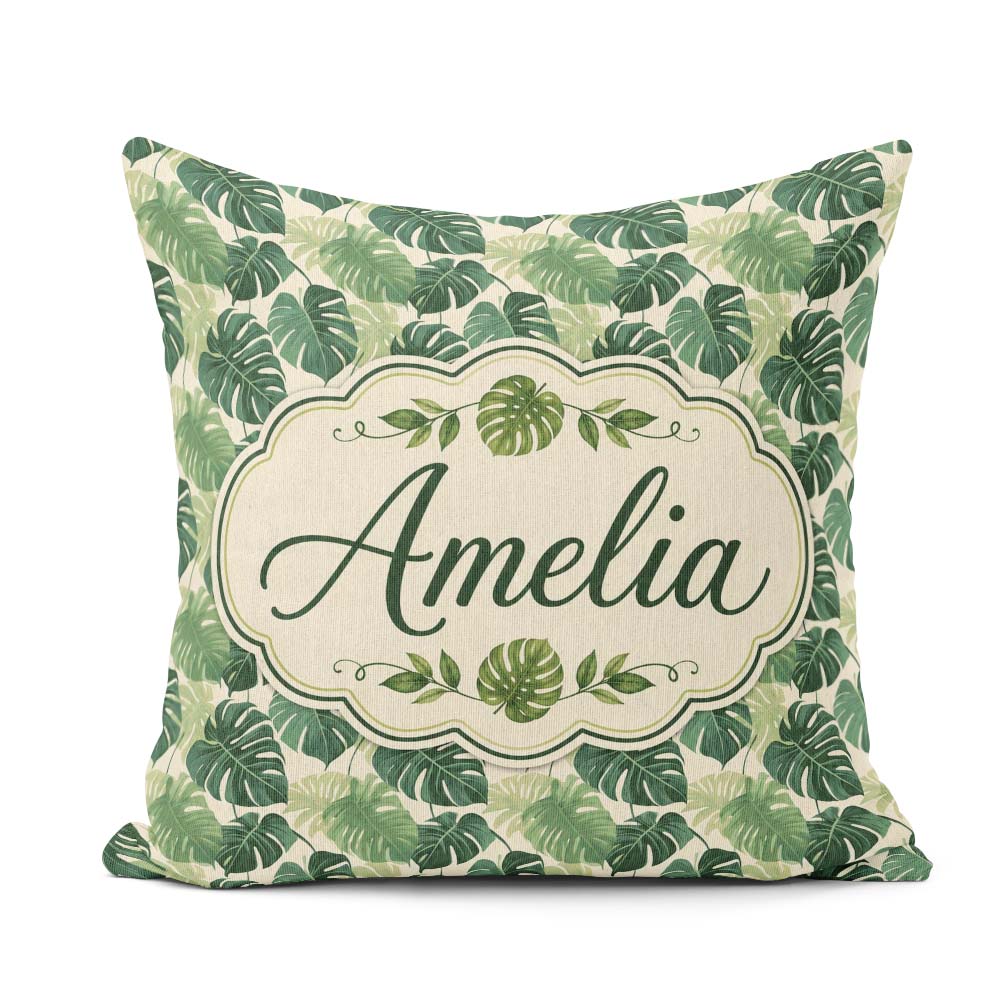 Custom Name Soft Green Monstera Leaves Minimal Botanical Pattern Square Filled Cushion Throw Pillow Sofa Bed Home Decor Zip Washable UK Made
