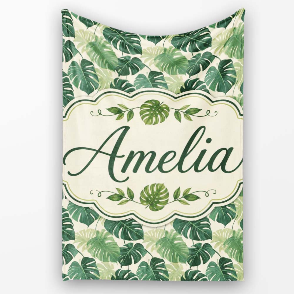Soft Green Monstera Leaves Minimal Botanical Seamless Pattern Name Personalised Custom Name Super Soft Fleece Blanket Bed Sofa Throw