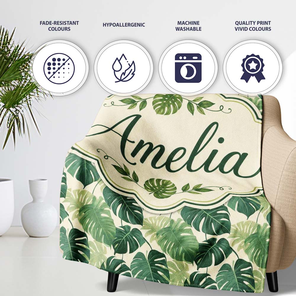 Soft Green Monstera Leaves Minimal Botanical Seamless Pattern Name Personalised Custom Name Super Soft Fleece Blanket Bed Sofa Throw