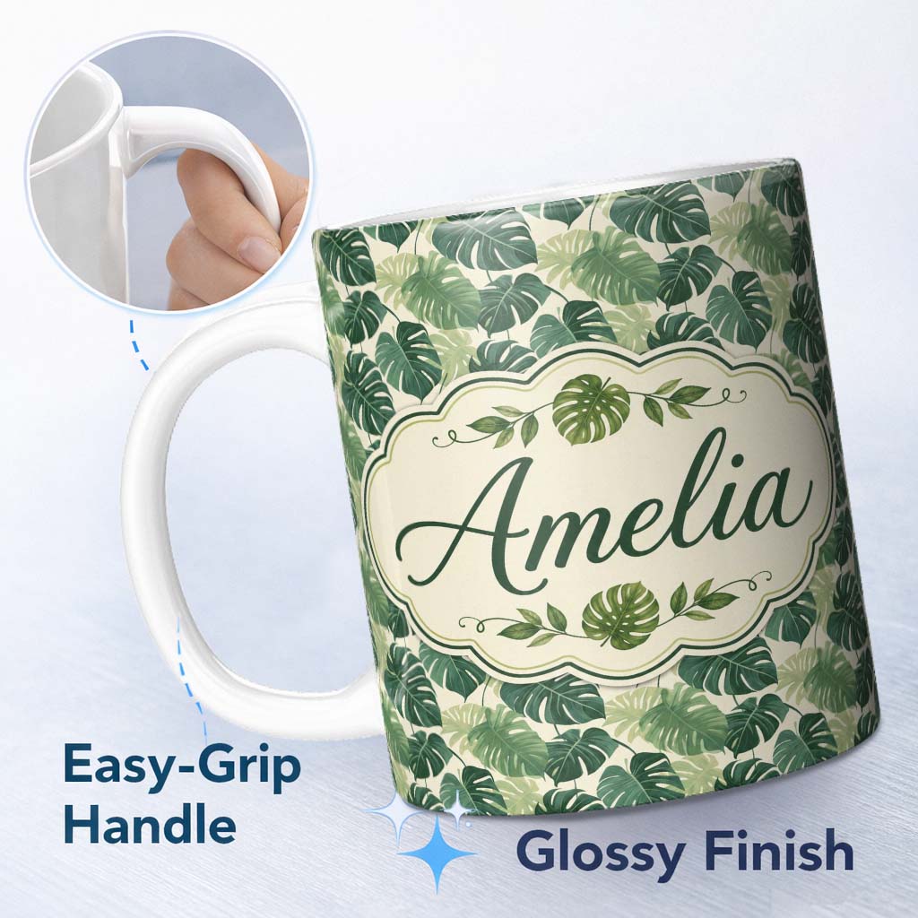 Personalized Custom Name Soft Green Monstera Leaves Minimal Botanical Seamless Pattern Name 11oz Ceramic Coffee Tea Mug White Large Handle