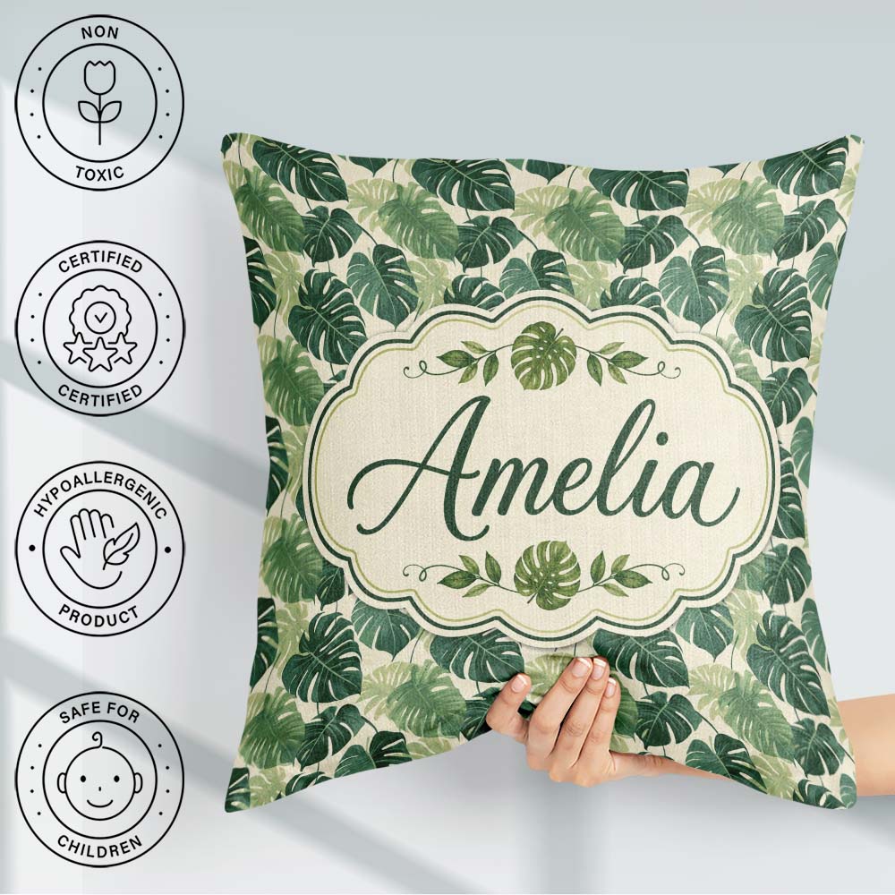 Custom Name Soft Green Monstera Leaves Minimal Botanical Pattern Square Filled Cushion Throw Pillow Sofa Bed Home Decor Zip Washable UK Made